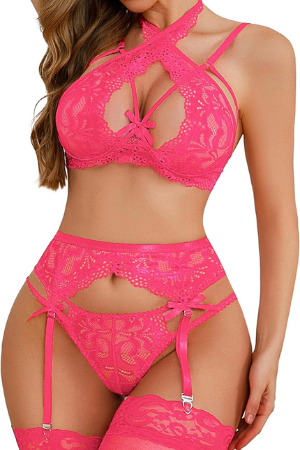 Women Sexy Lingerie Set with Garter Belts Lace Bra and Panty Set Exotic Suspende