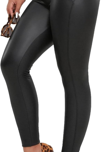 SEASUM Faux Leather Leggings for Women Stretchy High Waisted Butt Lifting Black 