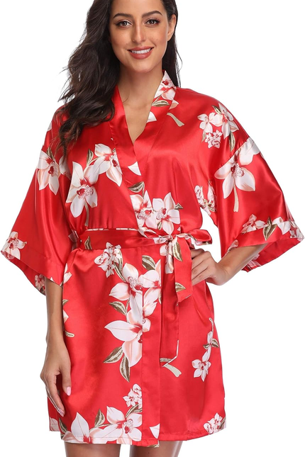 Women Floral Robes Bridesmaids Short Satin Kimono Sleepwear for Wedding Party