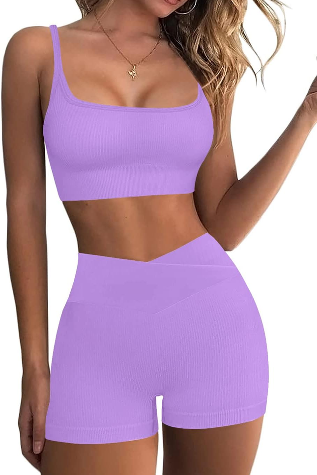 Workout Sets for Women Two Piece Sexy Summer Sports Bra and Crossover Shorts Mat