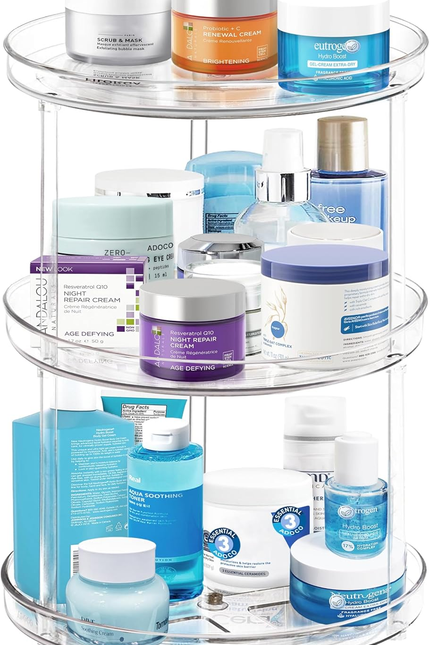 2 Tier Lazy Susan Bathroom Organizer, 9.25Inch Clear 360 Rotating Makeup Organiz