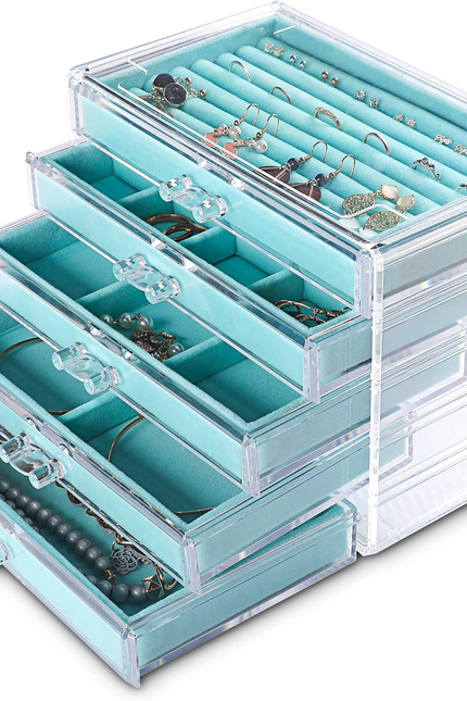 Frebeauty Extra Large Acrylic Jewelry Box for Women Girls 5 Layers Clear Velvet 
