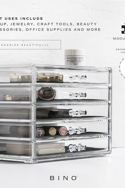 BINO the MANHATTAN SERIES Acrylic Makeup Drawer Organizer- 5 Drawers | Clear Bea
