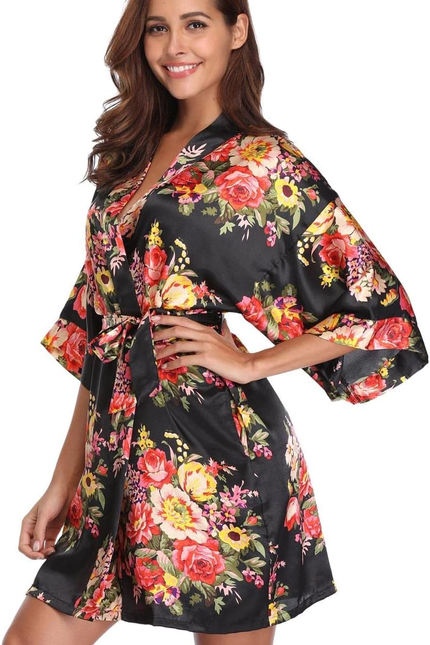 Women Floral Robes Bridesmaids Short Satin Kimono Sleepwear for Wedding Party