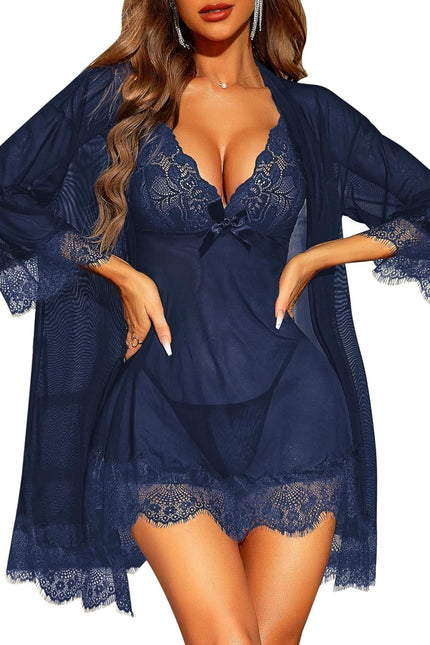 RSLOVE Women Sexy Lingerie Set 3 Piece Babydoll & Lace Kimono Robe Strap Chemise