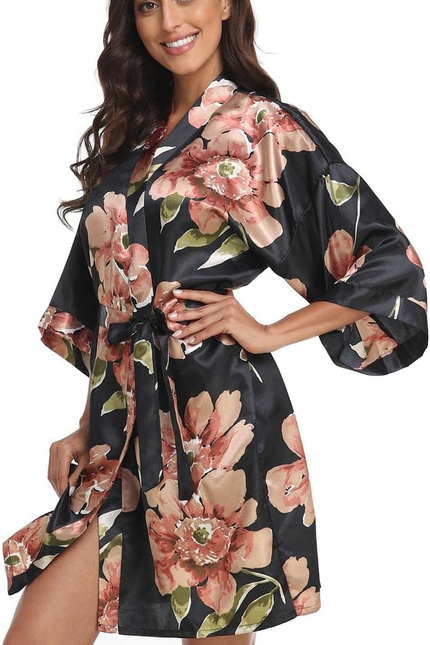 Women Floral Robes Bridesmaids Short Satin Kimono Sleepwear for Wedding Party