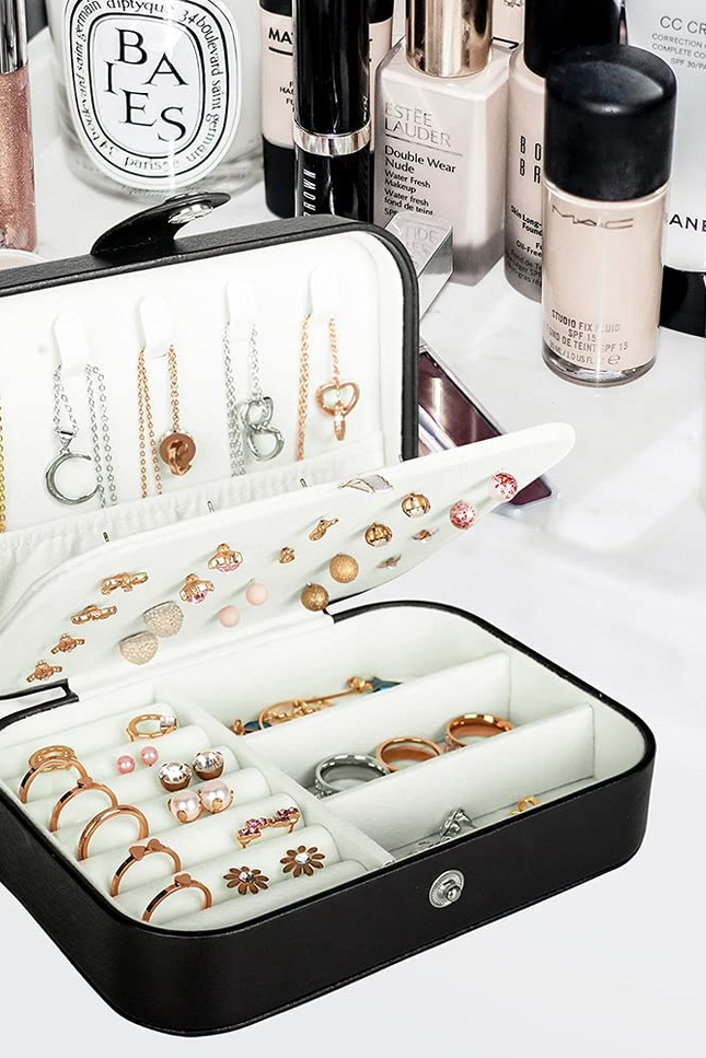 Travel Jewelry Box Organizer – PU Leather Compact Case for Women & Girls
