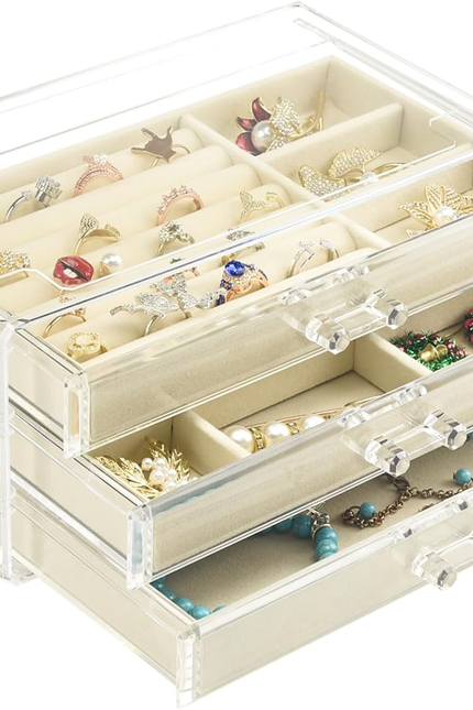 Acrylic Jewelry Box 3 Drawers, Velvet Jewellery Organizer, Earring Rings Necklac