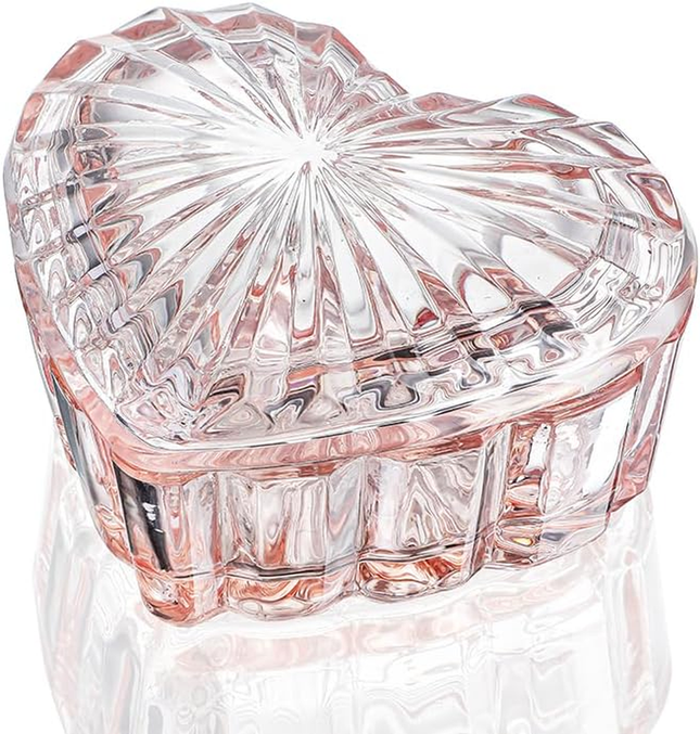 Glass Heart Shaped Jewelry Box Candy Dish with Lid Ring Earring Trinket Storage 
