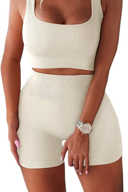 Women'S Workout Sets Ribbed Tank 2 Piece Seamless High Waist Gym Outfit Yoga Sho