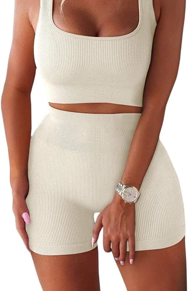 Women'S Workout Sets Ribbed Tank 2 Piece Seamless High Waist Gym Outfit Yoga Sho