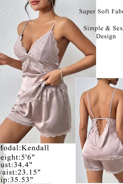 Women Sleepwear Satin Pajamas Set Lace Camisole Shorts Nightwear