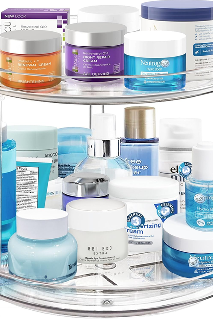 2 Tier Lazy Susan Bathroom Organizer, 9.25Inch Clear 360 Rotating Makeup Organiz