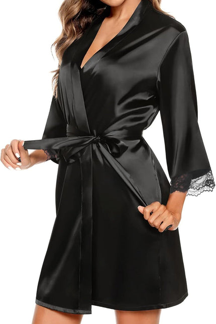 Women's Satin Robe & Cami Nightgown Set - 2 Piece Lace Pajamas Nightwear