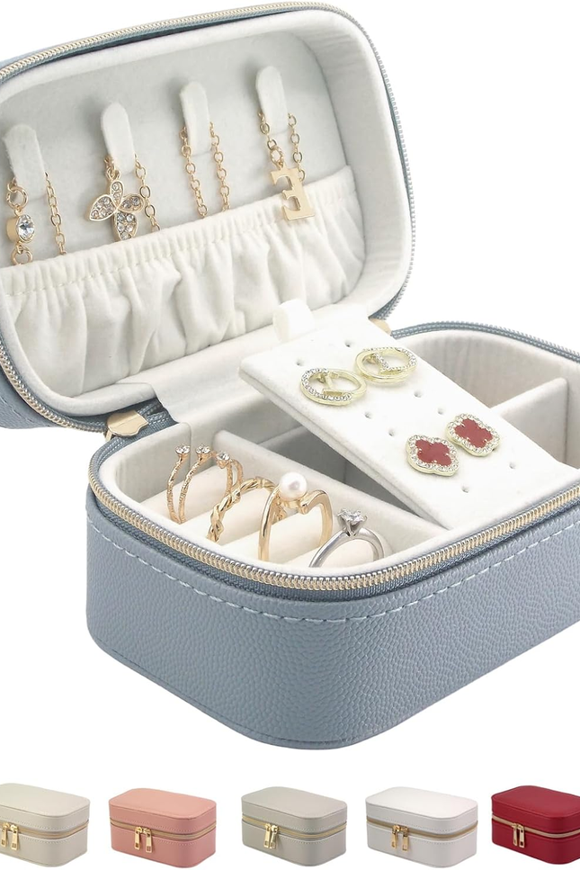 Travel Jewelry Box, Small Blue Case for Business Travel, PU Leather Compact Size