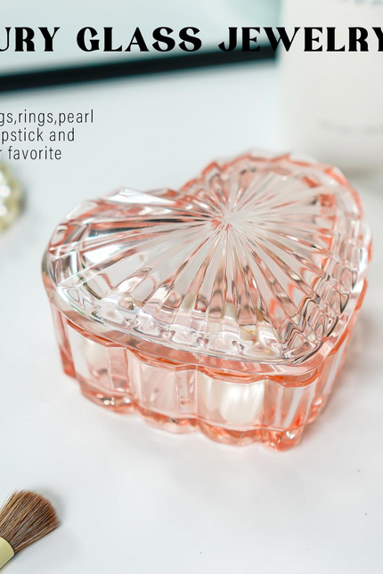 Glass Heart Shaped Jewelry Box Candy Dish with Lid Ring Earring Trinket Storage 