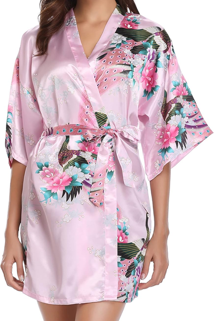 Womens Kimono Robes Dressing Gown Satin Bathrobe Nightdress Short Style Bridal R
