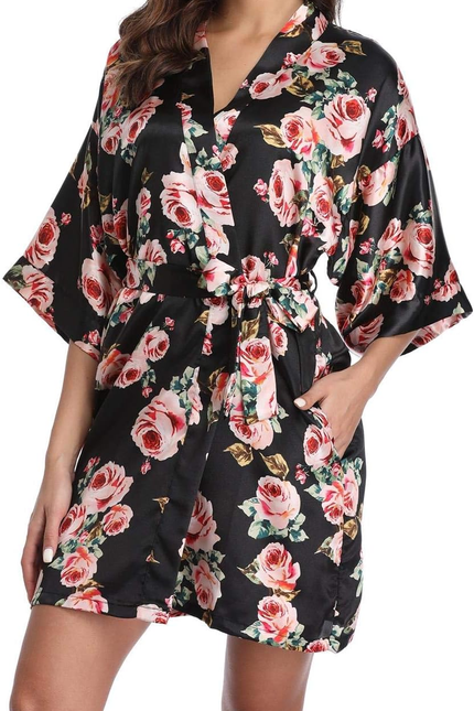 Women Floral Robes Bridesmaids Short Satin Kimono Sleepwear for Wedding Party