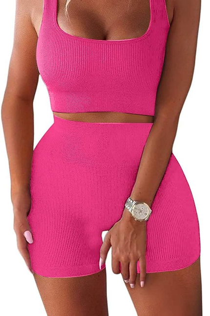 Women'S Workout Sets Ribbed Tank 2 Piece Seamless High Waist Gym Outfit Yoga Sho