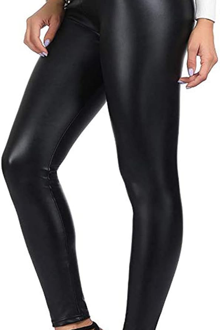 SEASUM Women'S Faux Leather Leggings Pants PU Elastic Shaping Hip Push up Black 