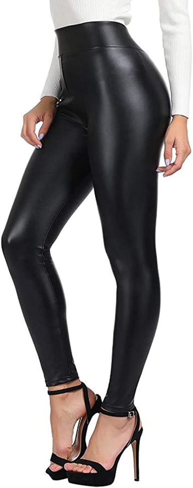 SEASUM Women'S Faux Leather Leggings Pants PU Elastic Shaping Hip Push up Black 