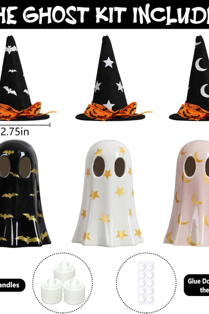 Halloween Decor Indoor, Set of 3 Ceramic Ghosts with Witch Hats, Cute Spooky Gho