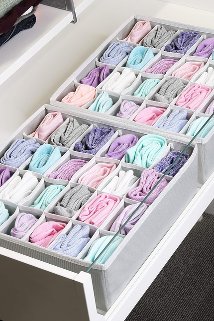 2 Pack Closet Sock Organizer, 24 Cell Drawer Divider, Gray