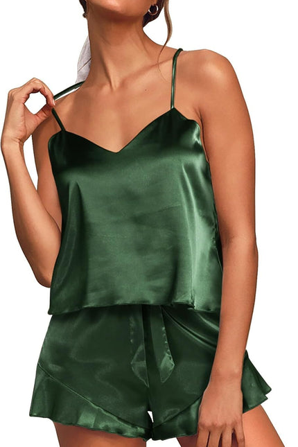 Aamikast Womens Silk Satin Pajama Sets Sexy Cami Ruffled Shorts Sets 2 Piece Pjs