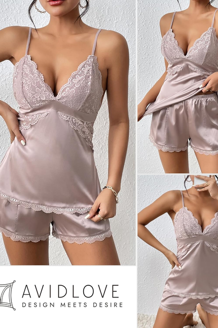 Women Sleepwear Satin Pajamas Set Lace Camisole Shorts Nightwear