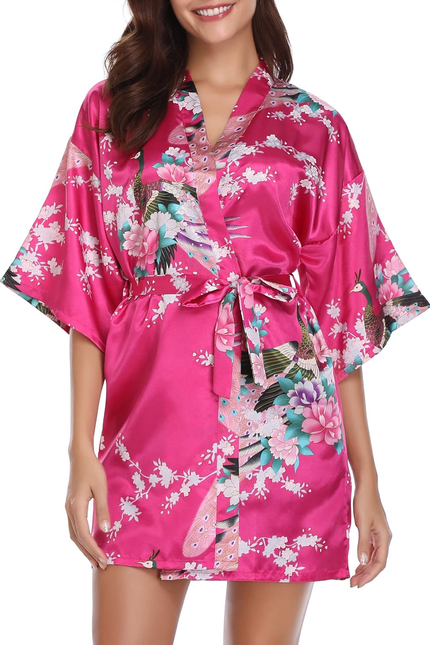 Womens Kimono Robes Dressing Gown Satin Bathrobe Nightdress Short Style Bridal R