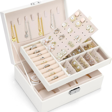 White Jewelry Box 2 Layer Jewelry Box 10.4 X 7.7 X 3.9 Inches Jewelry Organizer 