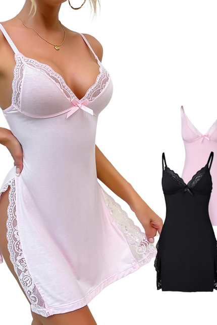 CHICME Women'S Lace Trim Side Slit Modal Cami Sleep Dress Loungewear Sexy Night 