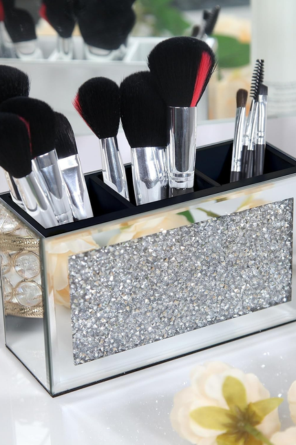 SHYFOY Mirrored Makeup Brush Holder Organizer, 3 Slot Glass Cosmetics Brushes St