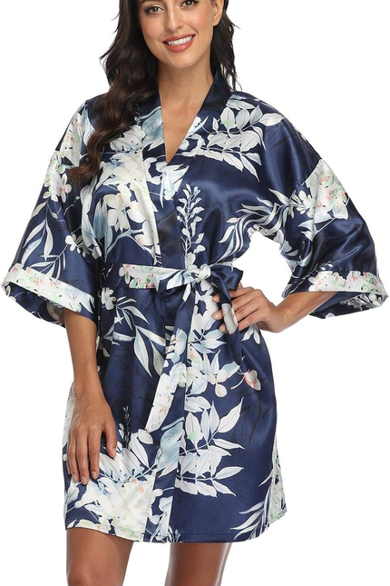 Women Floral Robes Bridesmaids Short Satin Kimono Sleepwear for Wedding Party