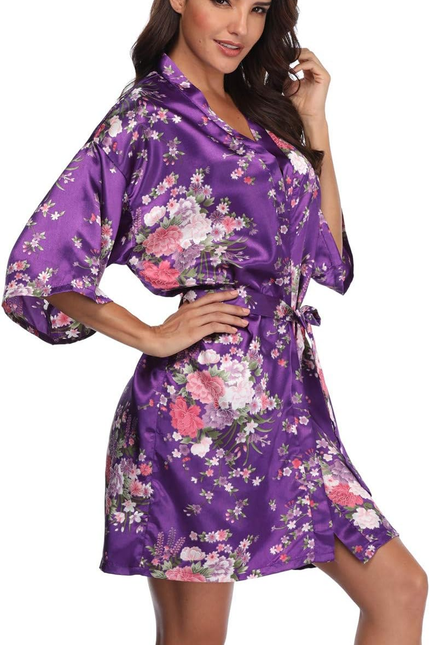 Women'S Floral Short Satin Bridesmaid Robes Silky Bride Robes Getting Ready