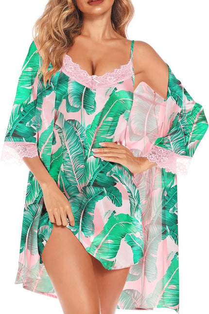 Women's Satin Robe & Cami Nightgown Set - 2 Piece Lace Pajamas Nightwear