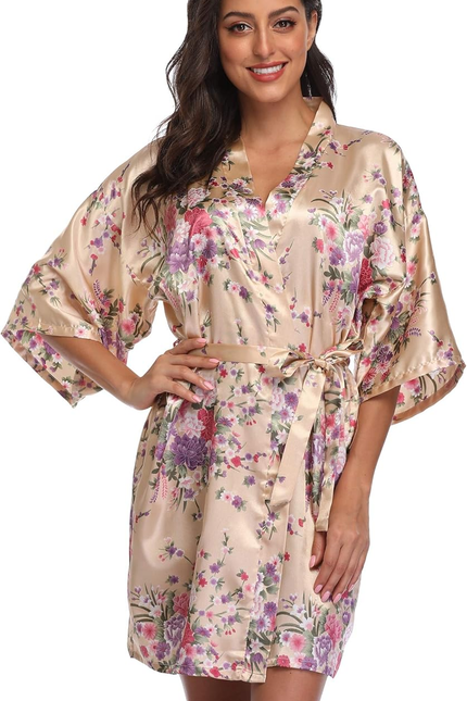 Women Floral Satin Kimono Robes Short Bridesmaid Robe for Getting Ready Wedding 