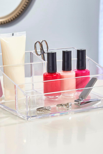 Clear Plastic Small Countertop Vanity Makeup Organizer, Compact Rectangular 4-Co