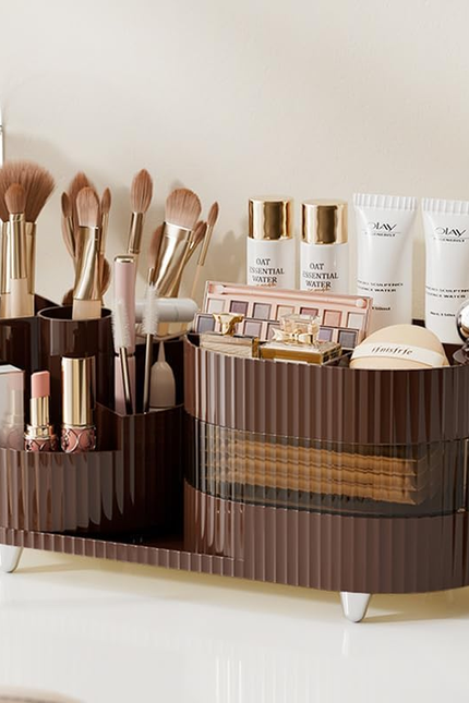 360° Rotating Vanity Makeup Organizer with Brush Holder, Large Spinning Cosmetic