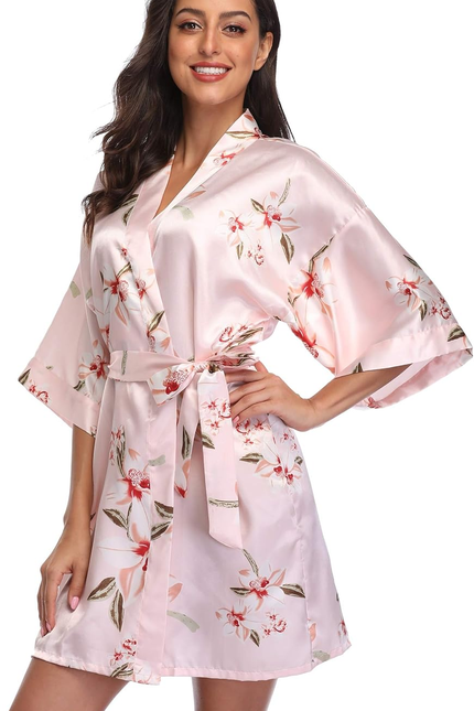 Women Floral Robes Bridesmaids Short Satin Kimono Sleepwear for Wedding Party