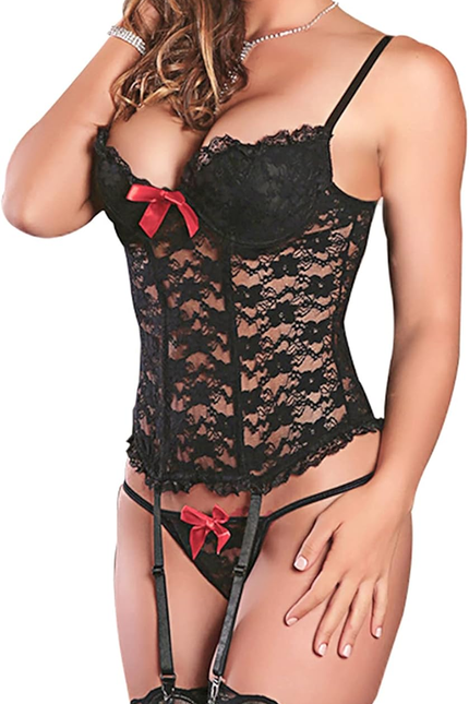 plus Size Sexy Corset Garter Belt Lingerie Set for Women Exotic Floral Lace Cami