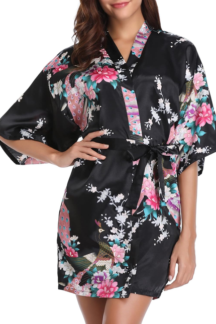 Womens Kimono Robes Dressing Gown Satin Bathrobe Nightdress Short Style Bridal R
