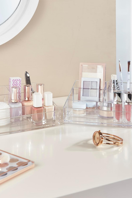 Stori Clear Plastic Small Countertop Vanity Makeup Organizer, Compact Rectangula