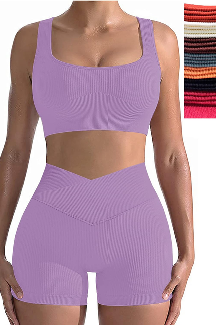 Workout Sets for Women Two Piece Sexy Summer Sports Bra and Crossover Shorts Mat
