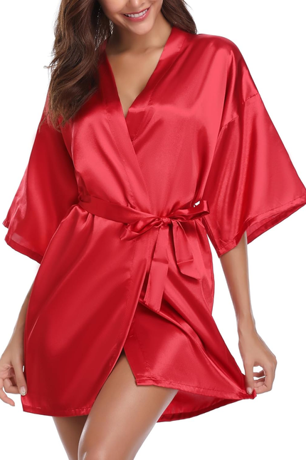 Womens Kimono Robes Dressing Gown Satin Bathrobe Nightdress Short Style Bridal R