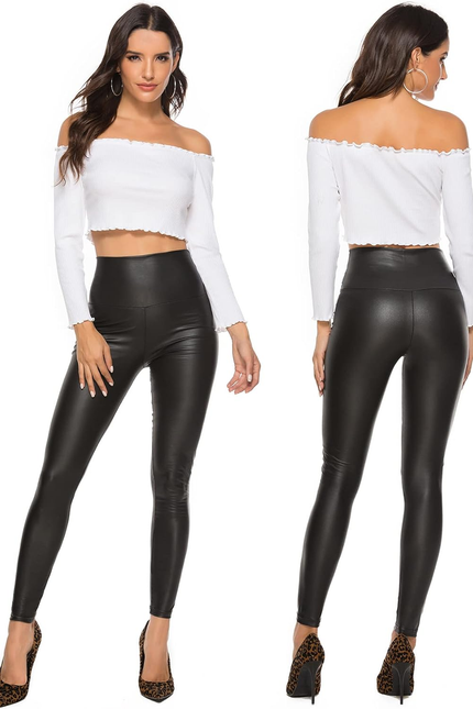 SEASUM Women'S Faux Leather Leggings Pants PU Elastic Shaping Hip Push up Black 
