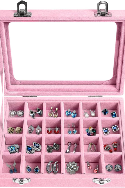 Jewelry Box 24 Grid Velvet Earrings Holder Tray Detachable Earring Case Jewelry 