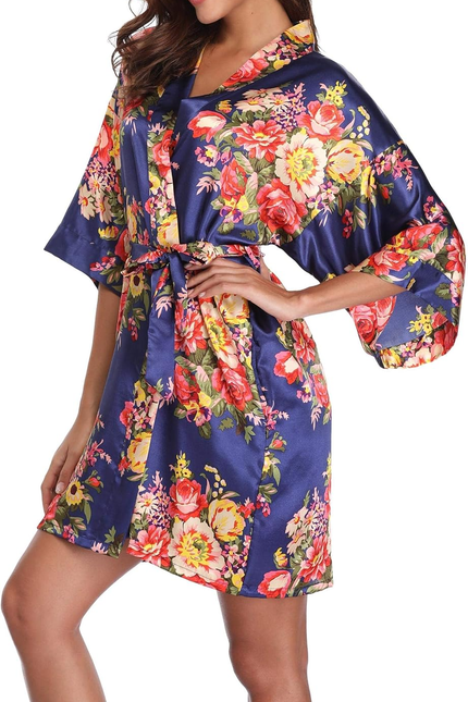 Women Floral Robes Bridesmaids Short Satin Kimono Sleepwear for Wedding Party