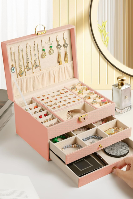 3 Layer Jewelry Box, Lockable Jewelry Holder Organizer with Jewelry Drawer, Larg