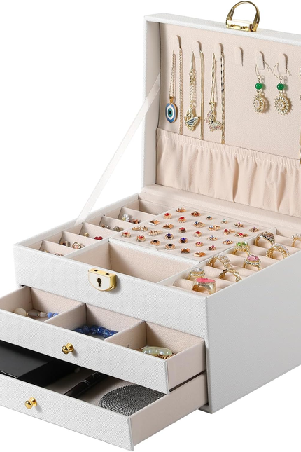 3 Layer Jewelry Box, Lockable Jewelry Holder Organizer with Jewelry Drawer, Larg